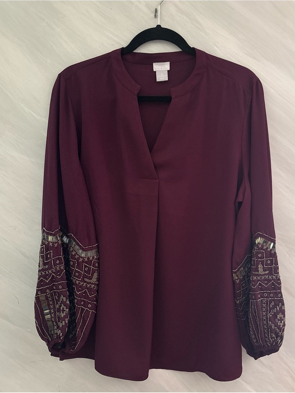 Chico’s 2 (L) Purple Boysenberry V-Neck Embellished Long Sleeve Tunic Blouse